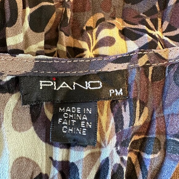 Piano Womens Floral Brown & Beige V Neck Bell Sleeve Button-Front Blouse PM - Picture 8 of 11